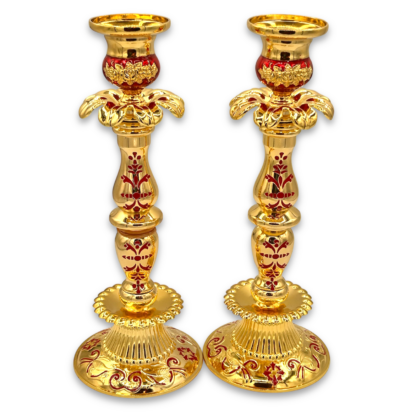 Gold Candle Stick Set, Red Enamel